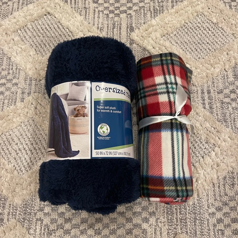 Navy Blue and Plaid Plush Soft Throw Blanket Bundle Lot of 2 NEW